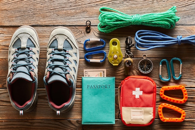 Travel items for hiking flat lay