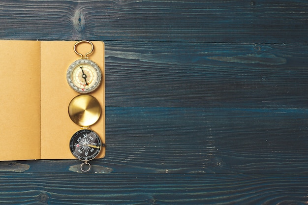 Travel items on wooden table.