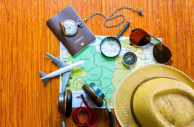 Travel kit on a blue background 