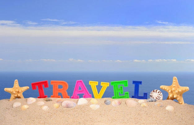 Travel letters on a beach sand against the background of the sea