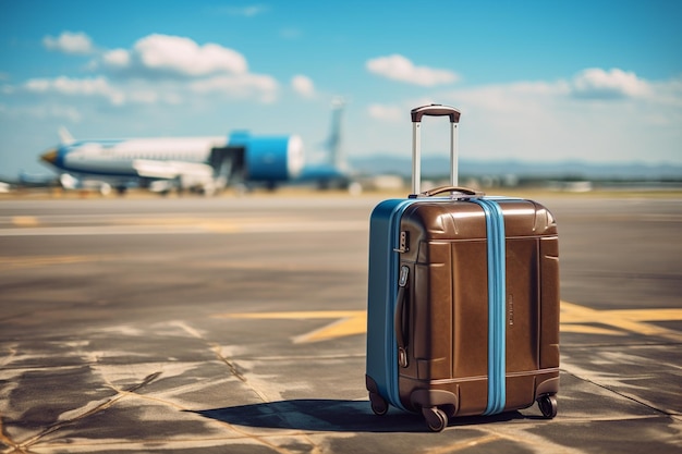 Travel luggage at the airport airplane in the background Travel concept