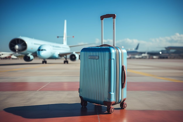 Travel luggage at the airport airplane in the background Travel concept