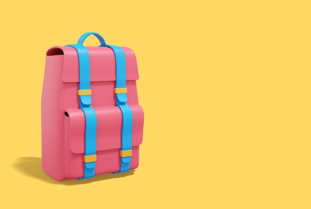 Travel luggage Multicolored tourist city backpack on yellow background with space for text 3d rendering