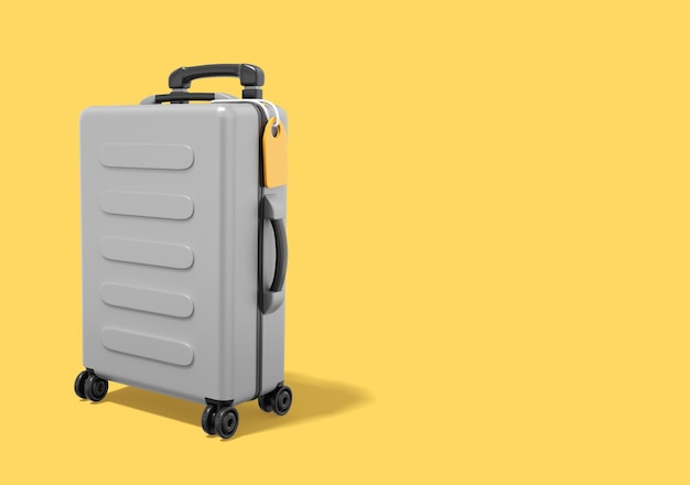 Travel luggage Realistic gray suitcase on yellow background with space for text 3d rendering