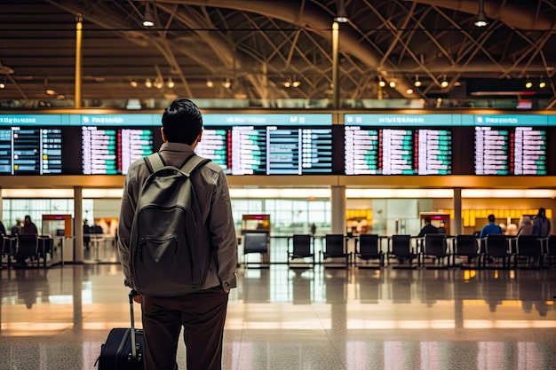 空港の旅行者 観光客 空港の時間表 荷物を持った旅行者は出発板を見ます