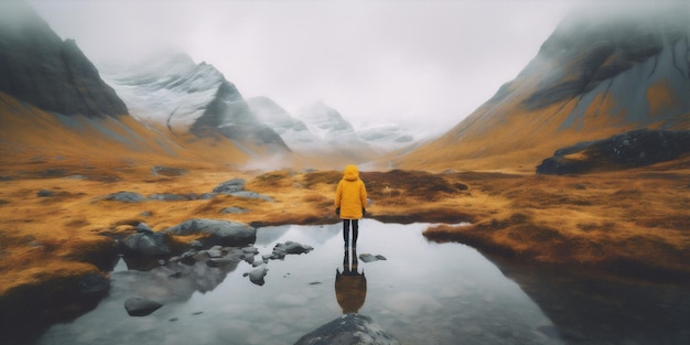 旅 人 山 黄色い水 自然の湖 ハイキング 見た目 ケープ 生成 AI