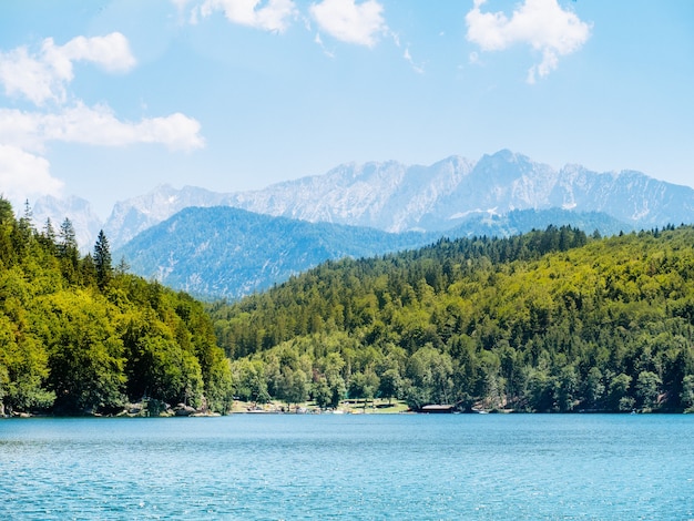 Travel on a mountain lake against the backdrop of the Alps, Bavaria