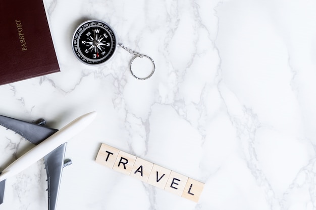 Travel Object poster on luxury marble copy space