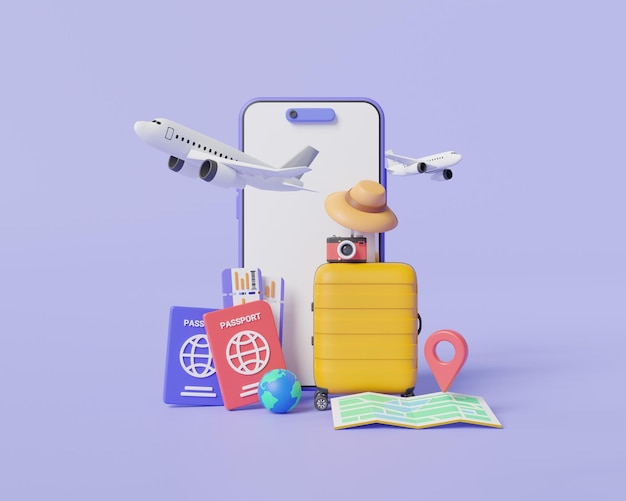 Travel online booking service on mobile flights around world Tourism trip planning Summer travel Booking ticket Travel equipment and luggage Online travel concept 3d render illustration