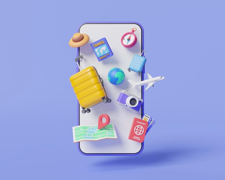 Photo travel online and booking trip on mobile application concept of travel and vacation travel equipment summer vacation travel and tourism
