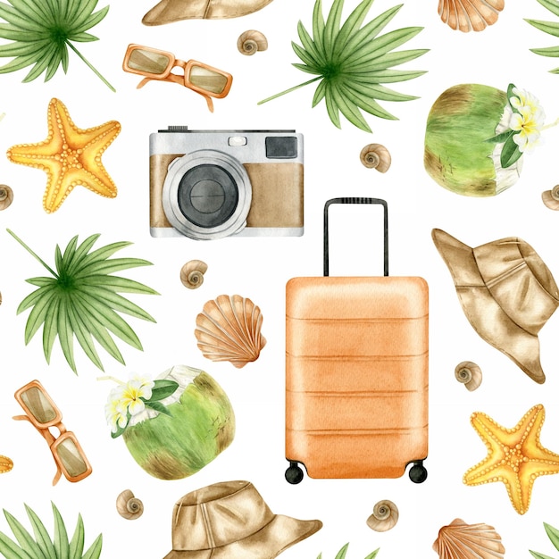 Photo travel orange suitcase coconut cocktail panama hat tropical palm leaves camera starfishes