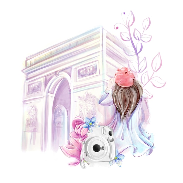 Photo travel to paris watercolor illustration sights of france arc de triomphe a girl in a red beret and an instant camera with spring flowers romantic sketch