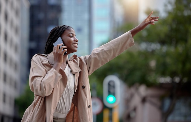 Travel phone call and black woman with hand for taxi cab and signal transport service in New York city street Urban commute business and girl on smartphone for network communication and journey