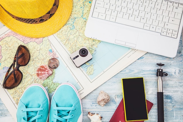 Travel plan, trip vacation, tourism  Instagram looking image of travelling. Overhead view of Traveler's accessories