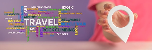 Photo travel planning gps pin symbol in hand and a word cloud on the theme of travel in different colors and sizes on a purple background banner on the theme of travel high quality photo