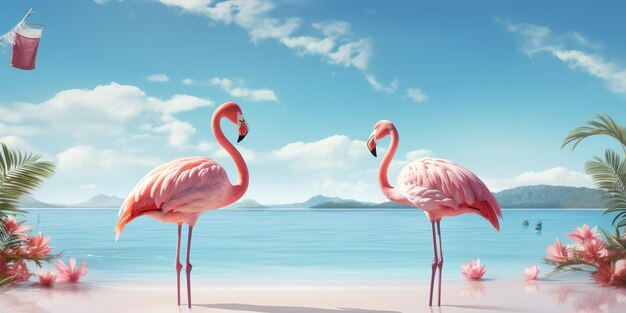 Photo travel and resort banner with funny pink flamingos standing in clear blue sea with clear sunny sky concept of summer vacation traveling and resting on sea resort