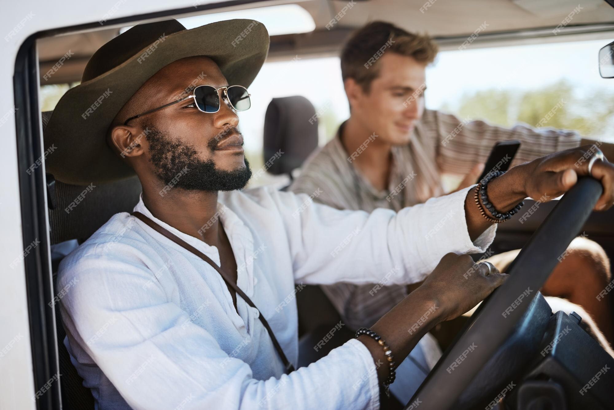 Premium Photo  Travel road trip and men driving with smartphone for online  guide or direction in countryside holiday journey and a vacation summer  black man friends or couple drive in car or van with 5g network