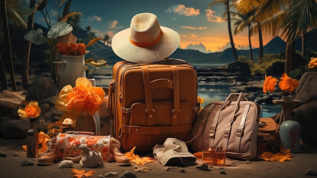 Travel suitcase on the beach and other accessories