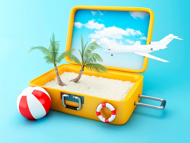 Travel suitcase. beach vacation concept