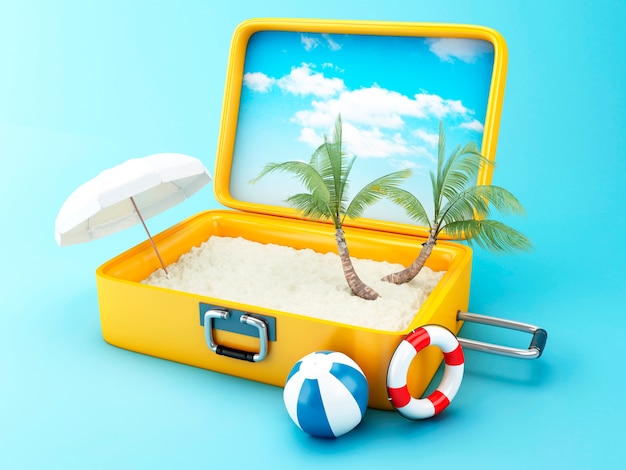 Travel suitcase. beach vacation concept