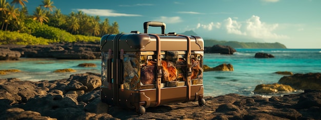 写真 パームの木とターコイズ色の海のある熱帯のビーチでの旅行スーツケース