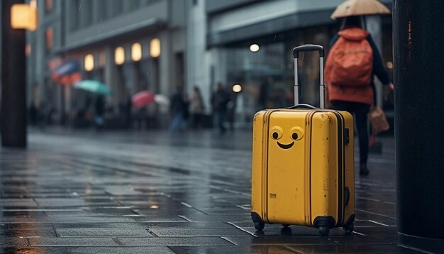 travel suitcase of passenger waiting for taxi