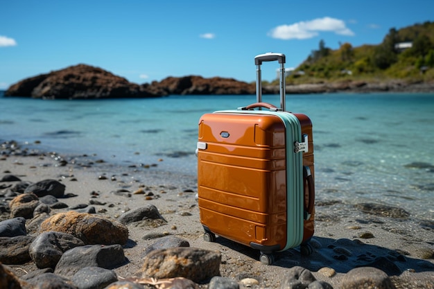 A travel suitcase positioned on a sandy beach