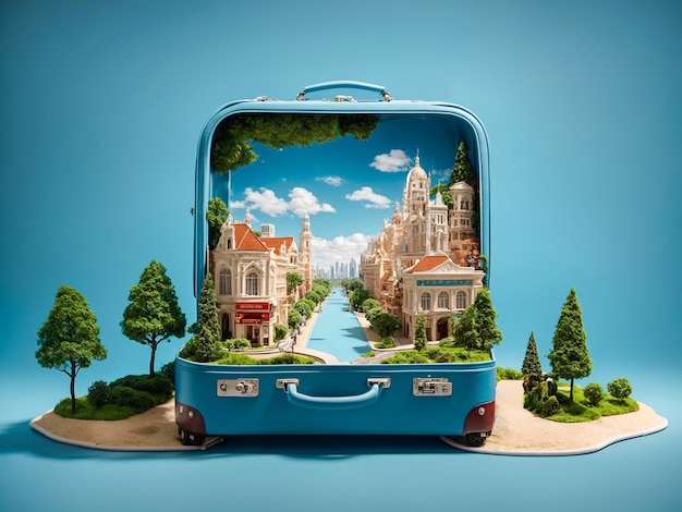 туристический чемодан, который открывается, чтобы раскрыть полный миниатюрный город внутри