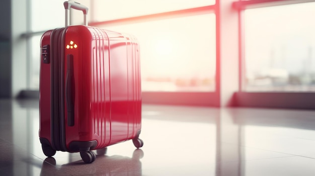 Travel suitcase with airport defocused background Generative AI