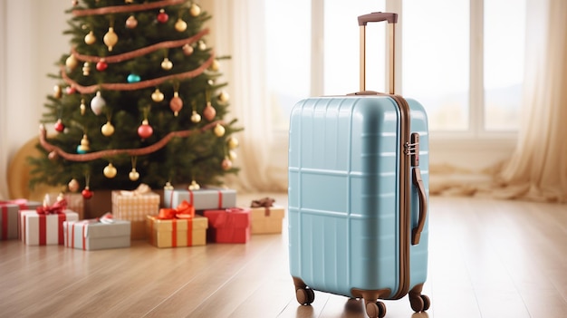 Travel suitcase with christmas tree in the background 3d rendering