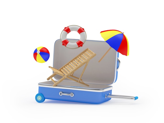 travel suitcase with a deck chair flying out with a beach umbrella