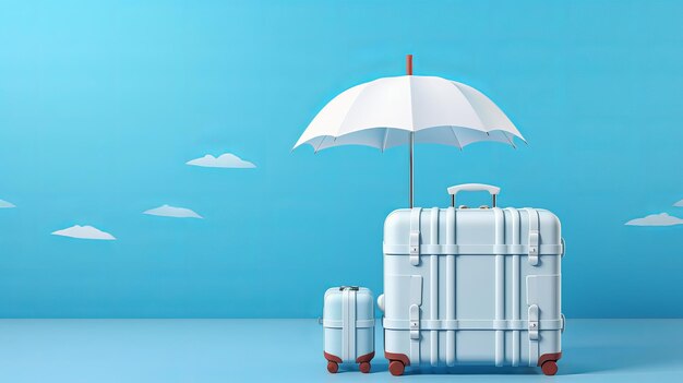 Travel suitcases and umbrella on blue Vacation concept Ai generadet art