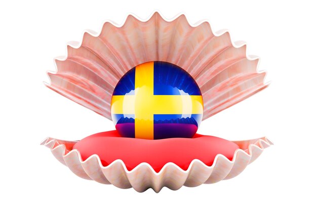 조개 3d 렌더링 안에 스웨덴 국기가 있는 스웨덴 개념 진주 여행