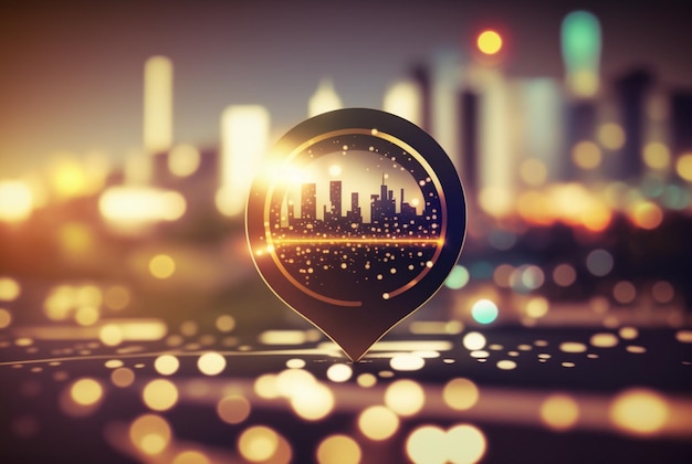 Travel and technology concept Gps icon on bokeh city background ai generative