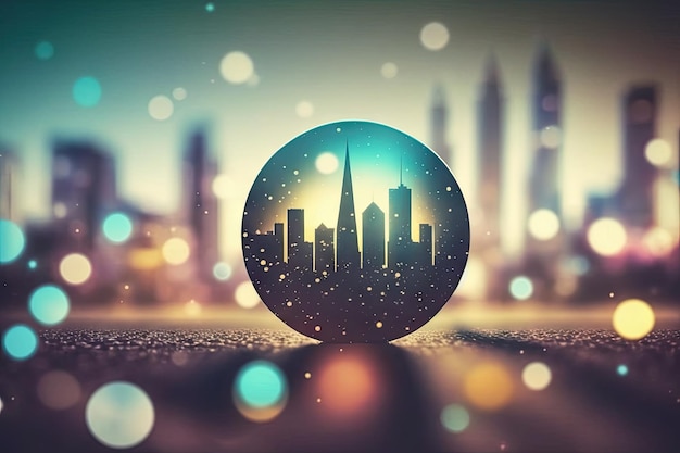 Travel and technology concept Gps icon on bokeh city sky ai generative