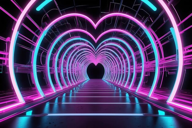 Photo travel through neon heart ring circular loop endless 3d helix tunnel 3d rendering abstract background texture