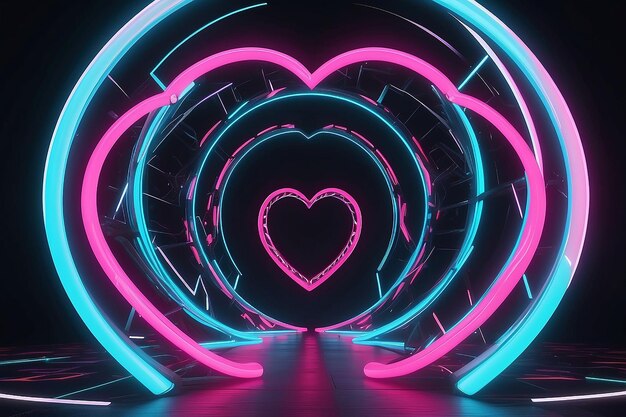 Photo travel through neon heart ring circular loop endless 3d helix tunnel 3d rendering abstract background texture