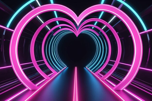 Photo travel through neon heart ring circular loop endless 3d helix tunnel 3d rendering abstract background texture