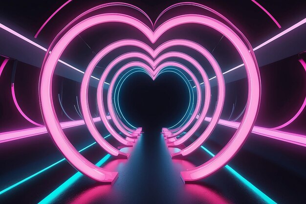 Путешествие через неоновое сердце кольцо круговая петля бесконечный 3D спиральный туннель 3D рендеринг абстрактная текстура фона