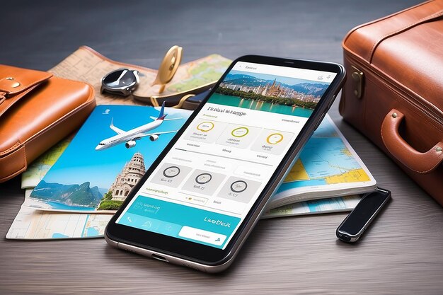 Travel tourism and booking app travel equipment and luggage on a mobile touch screen smartphone