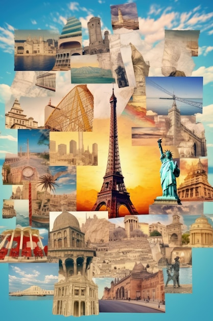 Travel tourism collage attractions of the world natural light