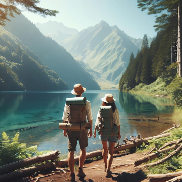 travel and tourism concept young couple with backpacks enjoying mountain views