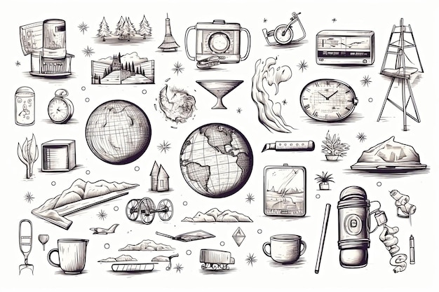 Foto illustrazione di doodle di viaggi e turismo e elementi di vacanze disegnati a mano delineano un clipart su sfondo bianco