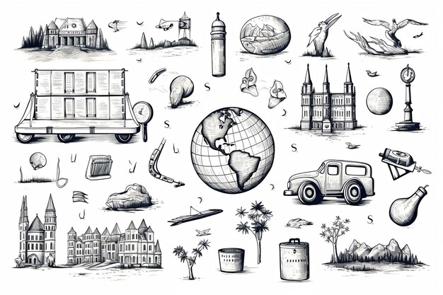 Travel and tourism doodle illustration and hand drawn vacation holiday elements outline clipart on white background