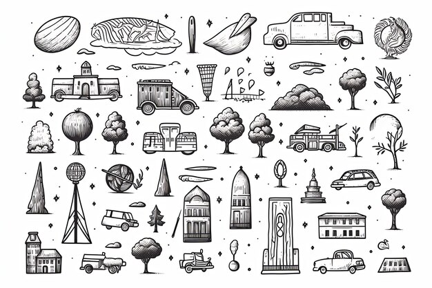 Foto illustrazione di doodle di viaggi e turismo e elementi di vacanze disegnati a mano delineano un clipart su sfondo bianco