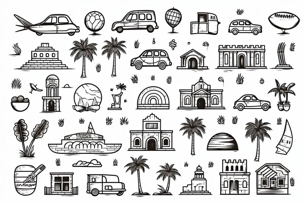 Travel and tourism doodle illustration and hand drawn vacation holiday elements outline clipart on white background