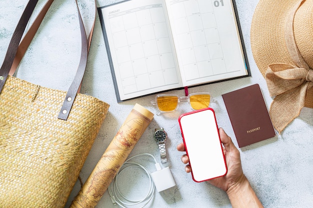 Photo travel and tourism equipmentstraw hat map plane sunglasses and magnifying glass on pastel