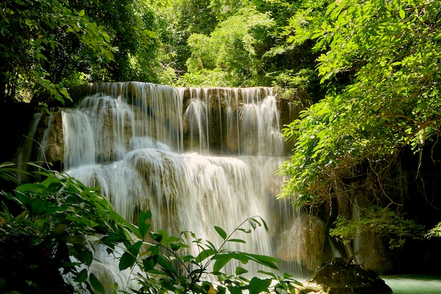 タイで熱帯林の滝を旅行します。