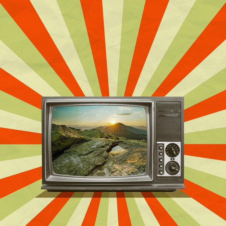 Photo travel on tv retro style vintage creative art collage abstract waves texture background copy space