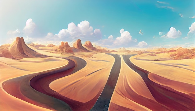 땅과 사막 도로의 절단과 함께 여행 및 휴가 배경 3d 그림